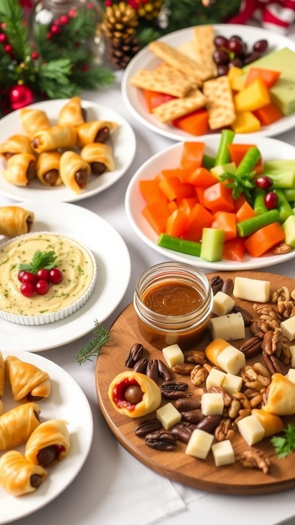 A festive display of Christmas party appetizers including mini sausages, cheese platter, and vegetable dip.
